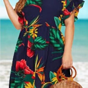 Floral Navy Dress with Tropical Print and Ruffle Sleeve